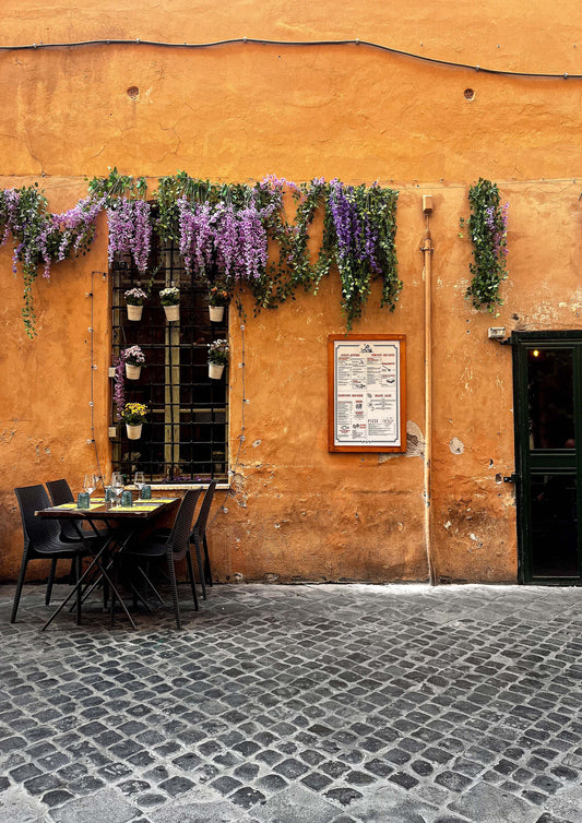Fine art photograph of Via Bocca di Leone in Rome, featuring cobbled streets, historic facades, and warm golden-hour tones. “Via Bocca di Leone” captures the quiet elegance of Roman backstreets—ideal for classic, European, or fashion-inspired interior design.
