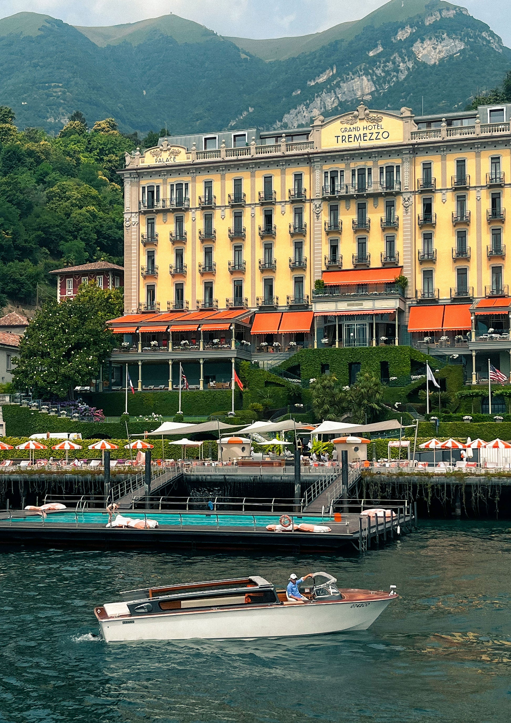 Fine art photograph of the iconic Grand Hotel Tremezzo on Lake Como, showcasing its Belle Époque façade, floating pool, and lakeside elegance. “Grand Hotel Tremezzo” captures the essence of Italian luxury and timeless travel—perfect for glamorous, vintage, or destination-themed interiors.